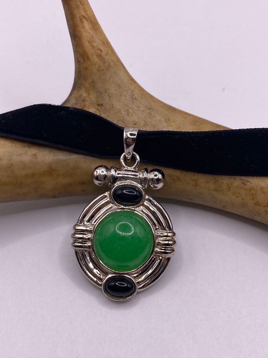 Vintage Silver Pendant | Green Jade Black Onyx Gemstone