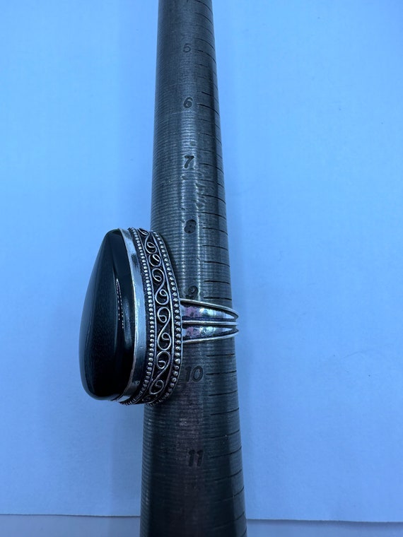Vintage Black Onyx Ring Band - Detailed Silver Fi… - image 7