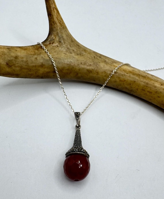 Vintage Marcasite Red Carnelian Pendant Necklace Dainty 925