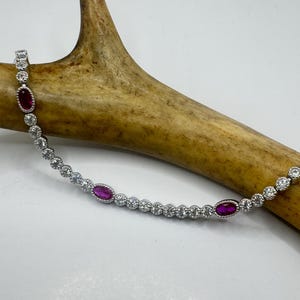 Pulseira de tênis vintage em prata | Cristal rubi e zircônia cúbica | Prata de lei 925