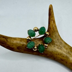 Vintage Green Jade Scarab Brooch: 12K Gold Filled Pin