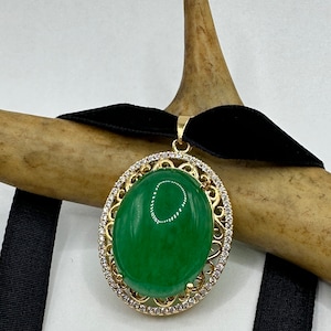 Vintage Grüne Jade Deco Choker Anhänger Halskette - Goldene Bronze