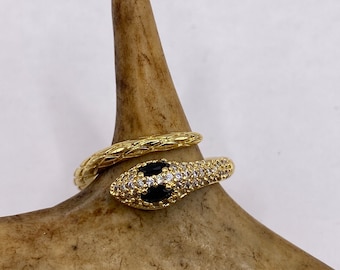 Vintage Gold Snake Ring | Black and Cubic Zirconia Crystal Diamond Gemstones 9k Gold Filled Band | Unique Gift Serpent Statement Ring