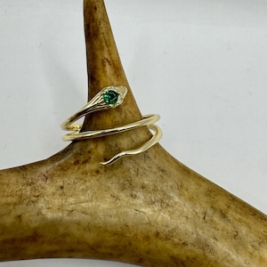 Vintage Gold Snake Ring  925 Sterling Silver Band Adjustable Size |  Hand Refinished Green Chrome Diopside Gemstone