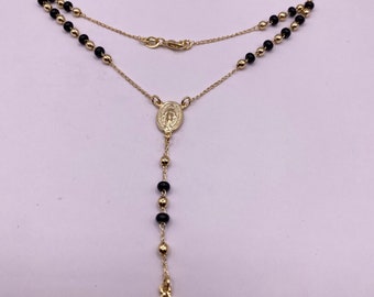 Vintage Rosary Necklace | Beaded with Black Onyx Gemstones 9k Gold Filled Cross Pendant Charm Rosary Beads Prayer Necklace