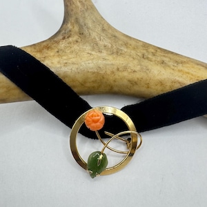 Vintage Green Jade Butterfly Brooch: Pink Coral, Gold Filled Choker