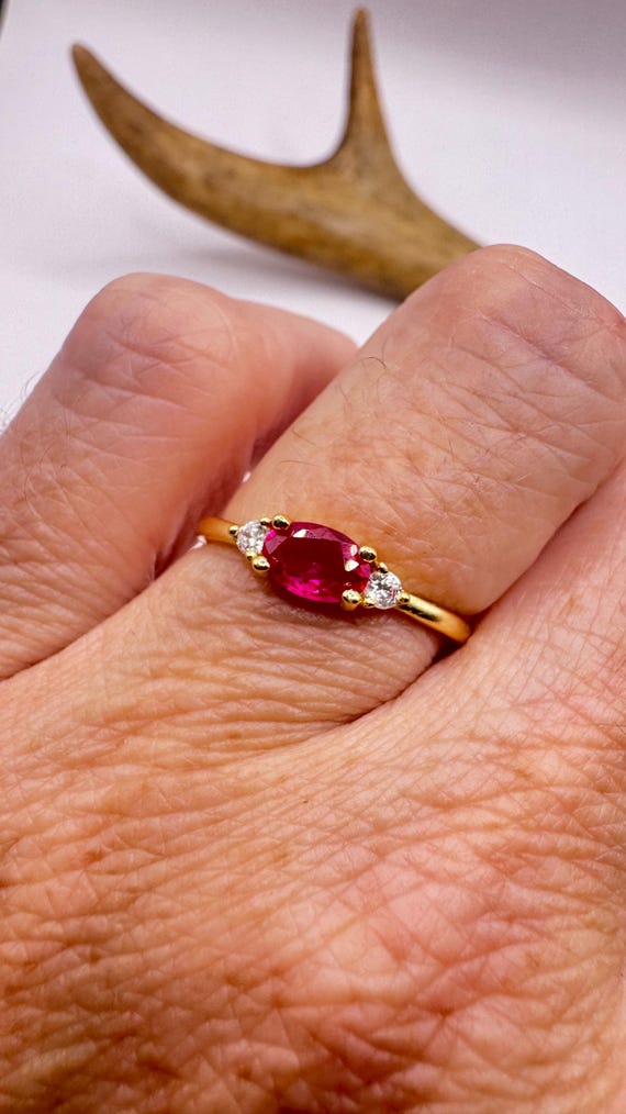 Vintage Tiny Red Ruby Clear Crystal Stacking Ring… - image 7