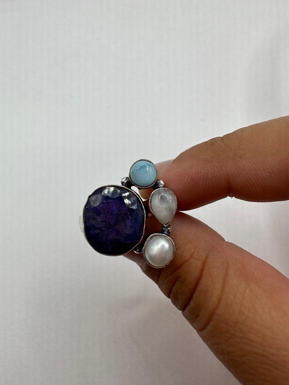 Vintage Raw Blue Sapphire Rainbow Moonstone Ring … - image 5
