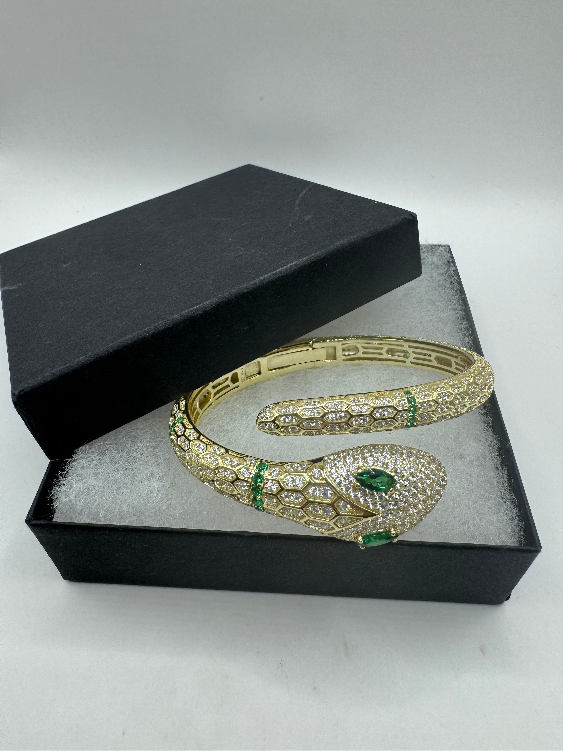 Vintage Snake Bracelet | Emerald Green and Cubic Zirconia