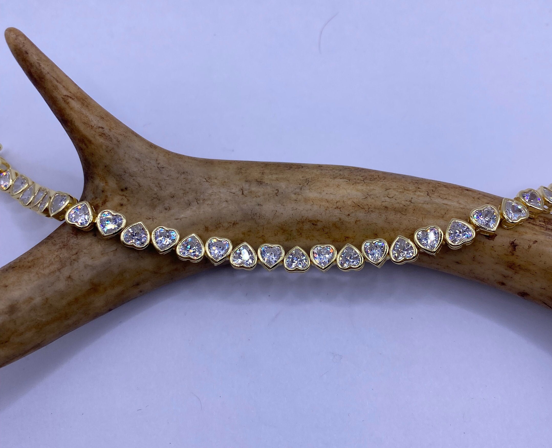 Vintage CZ Crystal Heart Tennis Bracelet: 925 Sterling Silver