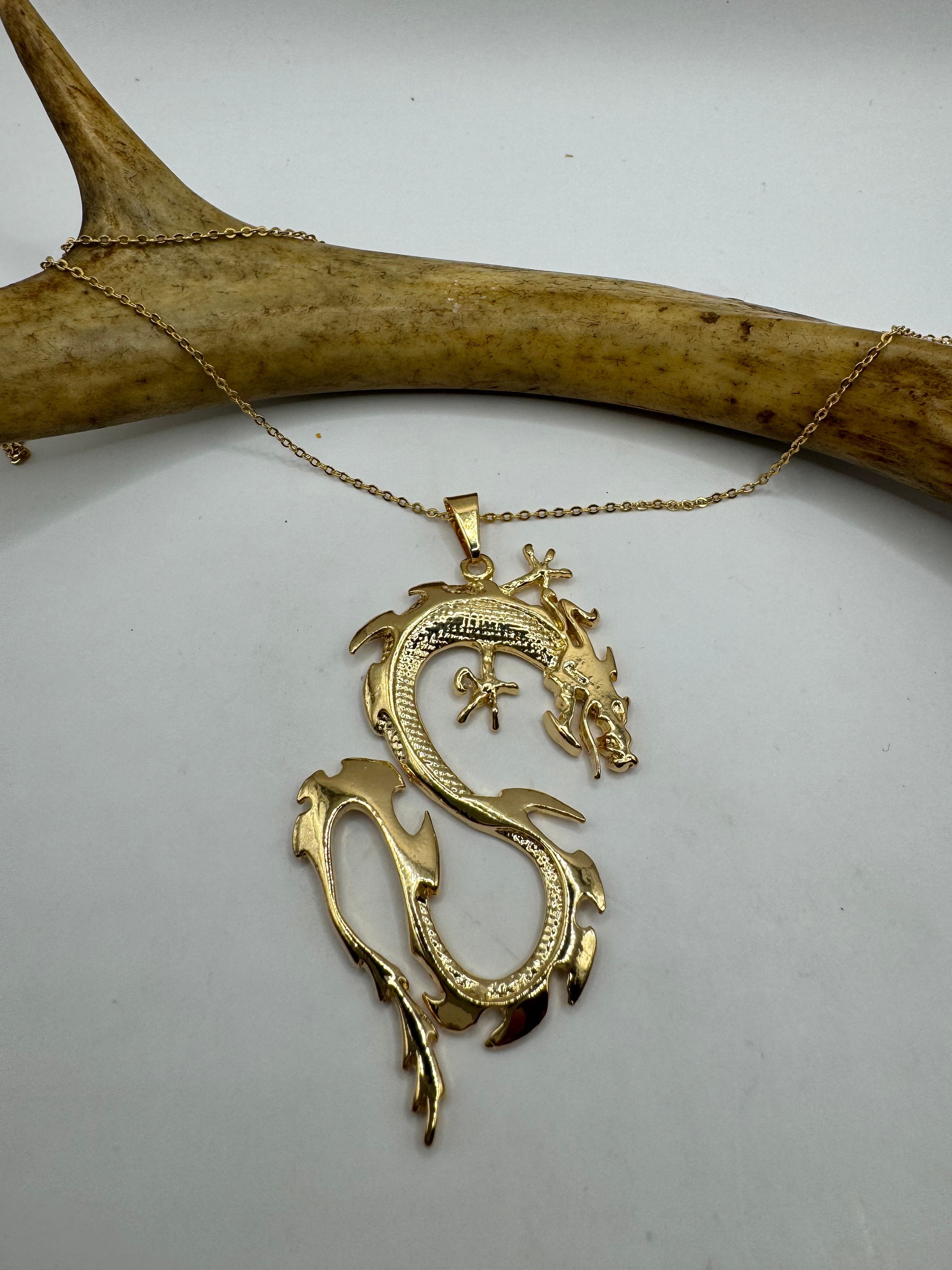 Vintage Gold Dragon Pendant Necklace | Bold Statement Jewelry for Him or Her | 9k Gold Filled Link Chain | Mythical Creature Gift