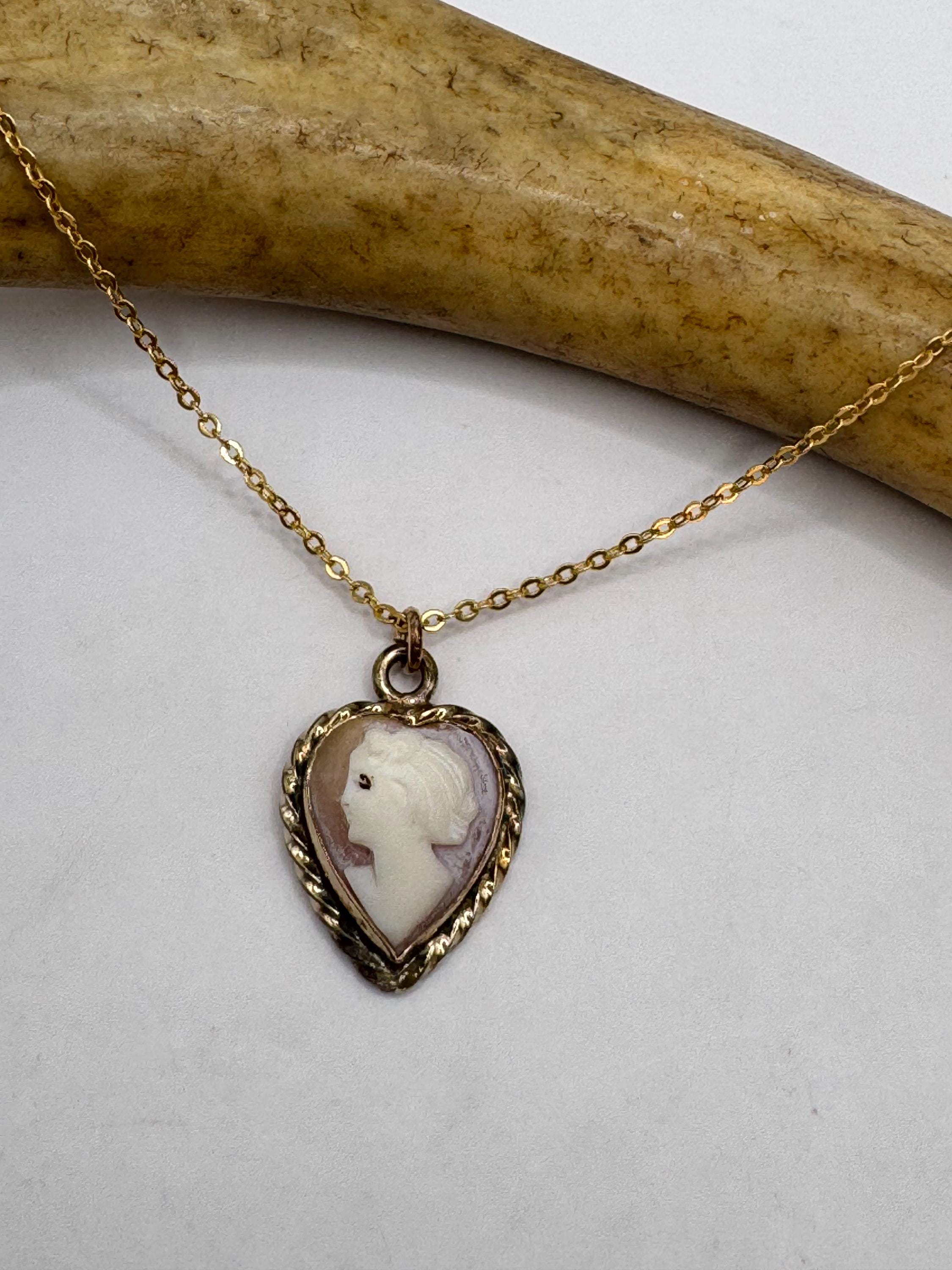 Vintage Cameo Gold Pendant Necklace | 12k GF Tiny Minimal Heart Love Delicate Gold Chain | Everyday Stacking Wedding Prom Jewelry
