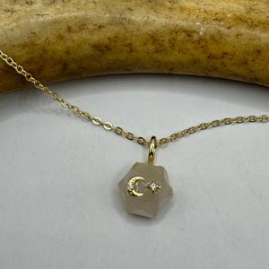 Vintage Moon Star Islam | Tiny Gold Charm Necklace | Pink Rose Quartz Gemstone Dainty Gold 925 Sterling Silver l Minimalist Mini Necklace