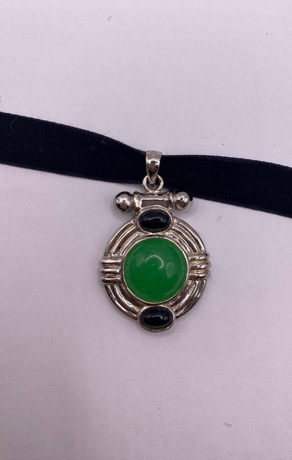 Vintage Silver Pendant | Green Jade Black Onyx Ge… - image 6