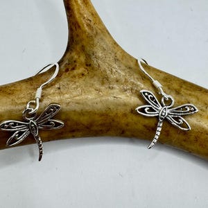 May include: A pair of silver dragonfly earrings. Each earring features a detailed dragonfly design with openwork wings and a slender body. The earrings are suspended from simple silver hooks, perfect for everyday wear.