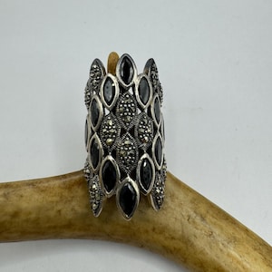 Vintage Marcasite Cocktail Ring: Black Diamond CZ, Sterling Silver Size 7
