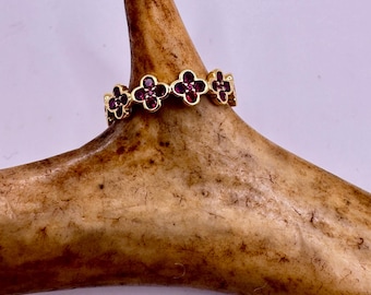 Vintage Red Ruby Flower Gold 925 Sterling Silver Wedding Band Ring