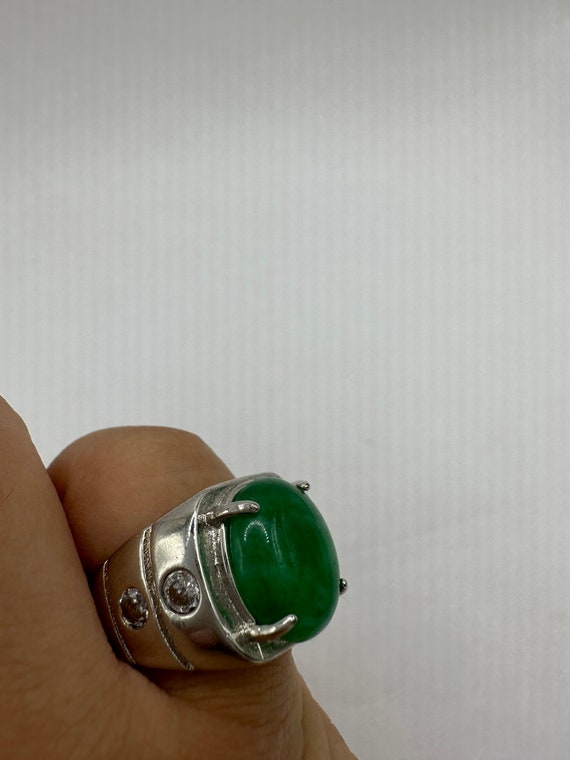 Vintage Silver Green Jade Lucky Cocktail Ring - image 4