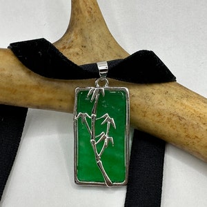 Vintage Grüne Jade Deco Choker Anhänger Halskette - Silber Bronze