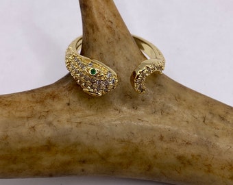 Vintage Gold Snake Ring | Green and Cubic Zirconia Crystal Diamond Gemstones 9k Gold Filled Band | Unique Gift Serpent Statement Ring