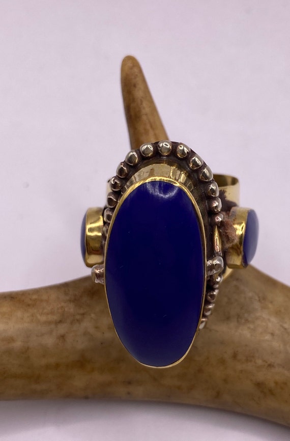 Vintage Gold Bronze Poison Ring | Blue Lapis Lazu… - image 1