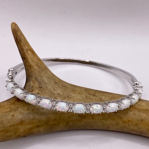 Vintage White Fire Opal Bangle Bracelet: CZ 925 Sterling Silver