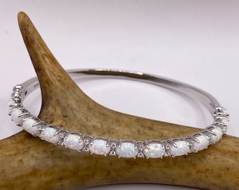 Vintage White Fire Opal Bangle Bracelet: CZ 925 Sterling Silver