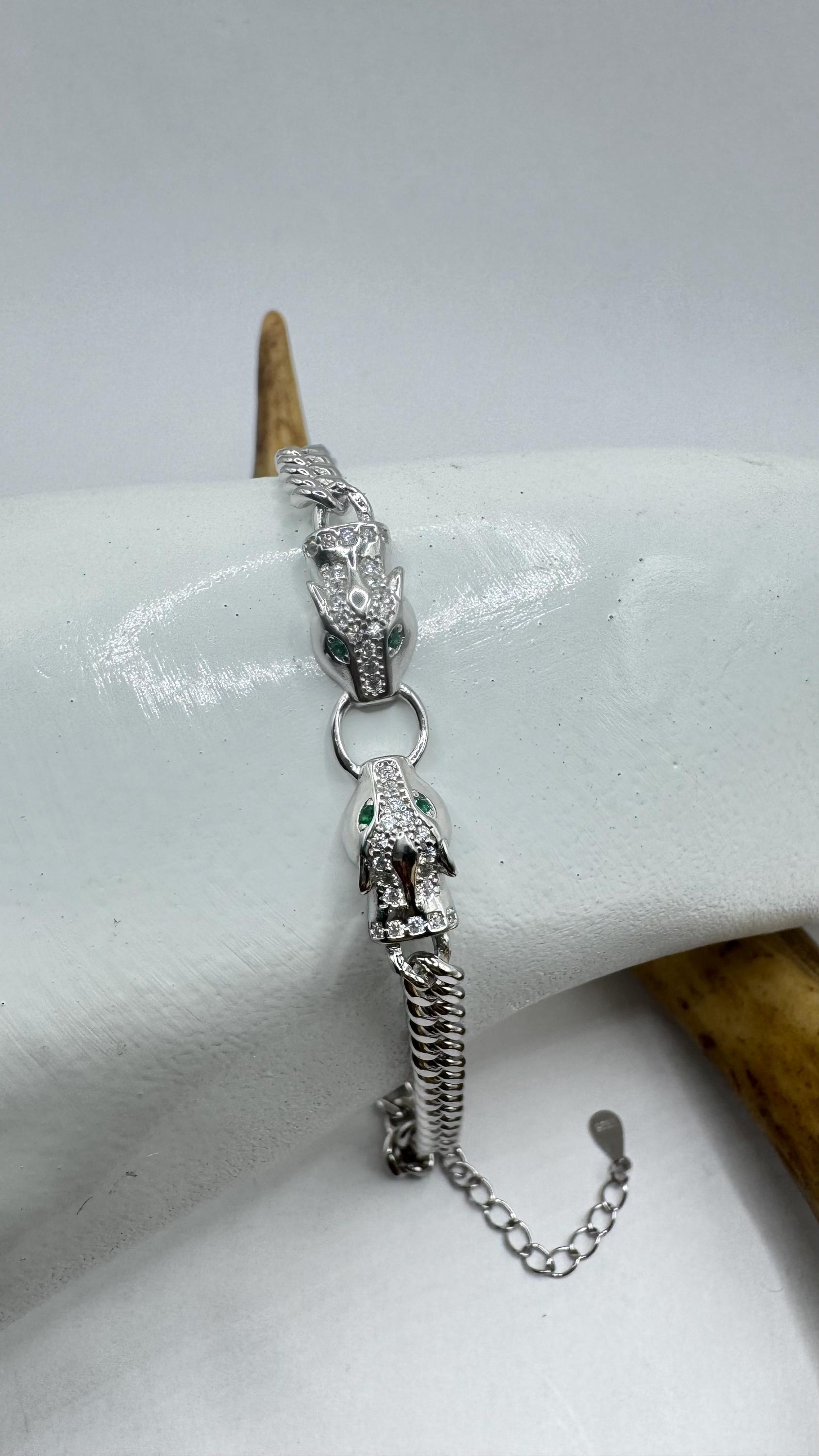 Vintage Sterling Silver Panther Head Bracelet: Green CZ Eyes
