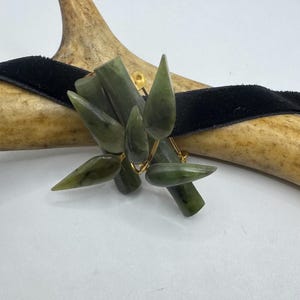 Vintage Green Jade Brooch Pin: 12K Gold Filled, Velvet Choker