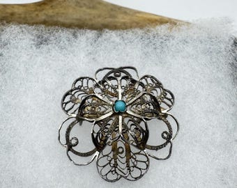 Broche Ancienne En Argent Massif 925 - Motif Fleur En Filigrane