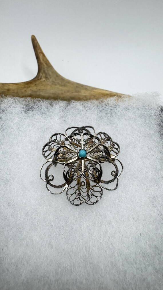 Broche Ancienne En Argent Massif 925 - Motif Fleur Filigrane