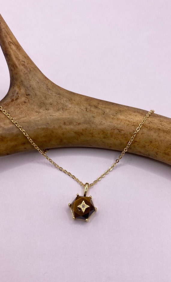 Vintage Tiny Gold Charm Necklace |Tigers Eye Gemst