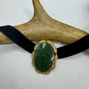 Vintage Lucky Green Jade Brooch Pin - Gold Filled - Black Velvet Choker - Pendant Necklace