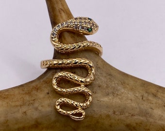 Vintage Gold Snake Ring: Emerald Cubic Zirconia 9k Gold Filled Band