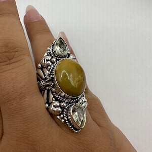 Vintage Jasper Ring | Silver Finished Bronze Citrine Jasper Stone Large Cocktail Ring
