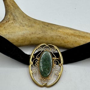 Vintage Green Jade Brooch Pin on Gold Filled Black Velvet Choker - Minimal Everyday Accessory