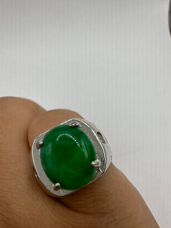 Vintage Silver Green Jade Lucky Cocktail Ring - image 6