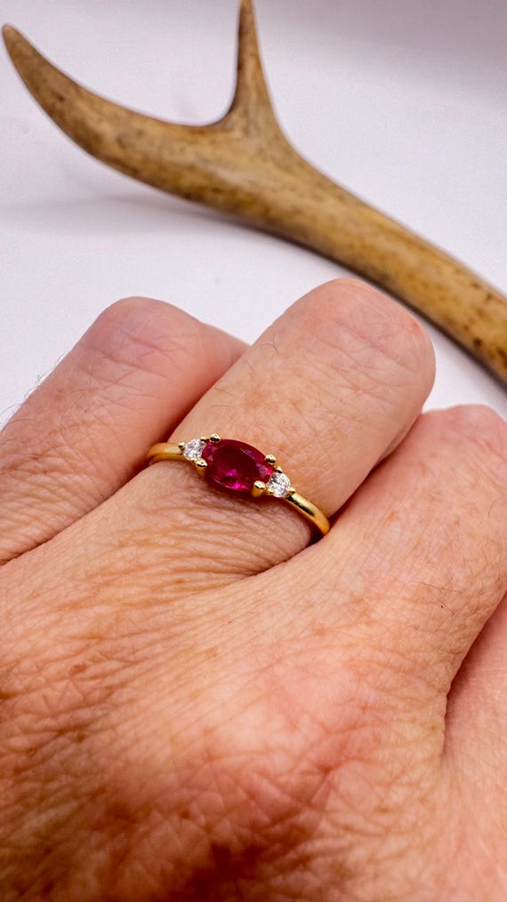 Vintage Tiny Red Ruby Clear Crystal Stacking Ring… - image 5