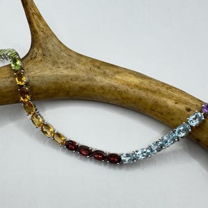 Vintage Tennis Bracelet | Mixed Citrine Amethyst Blue Topaz Peridot Garnet 925 Sterling Silver | Elegant Everyday