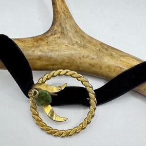 Vintage Gold Filled Green Jade Brooch Pin on Velvet Choker