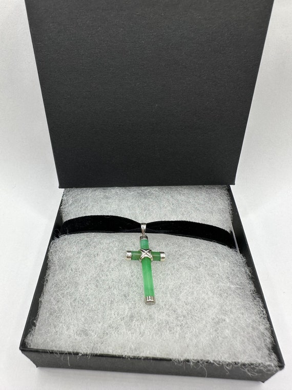 Vintage Silver Jade Pendant | Green Jade Cross Ch… - image 5