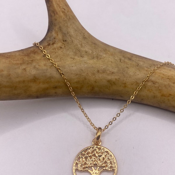 Vintage Gold Pendant Necklace | 9K GF Tiny Tree of Life Love Lucky Memory Charm Delicate Gold Chain | Everyday Stacking Wedding Prom Jewelry