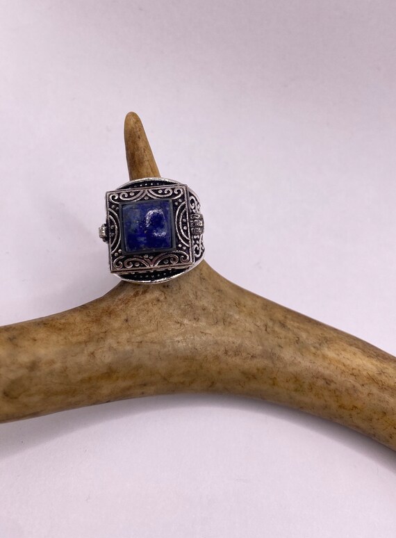 Vintage Silver Bronze Poison Ring | Blue Lapis La… - image 4