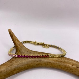 Vintage Tennis Bracelet | Rainbow CZ Crystal Gemstones Set in Golden 925 Sterling Silver | Elegant Everyday Wedding or Prom