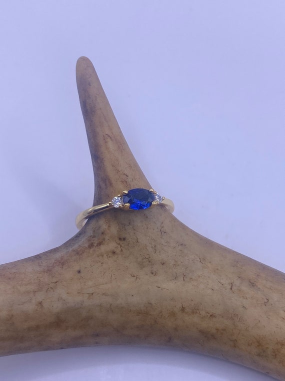 Vintage Blue Tiny Crystal Stacking Ring - Gold 92… - image 1