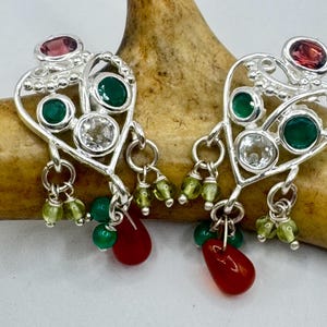 Vintage Earrings | Mixed Garnet Peridot Chandelier Earrings Set in 925 Sterling Silver