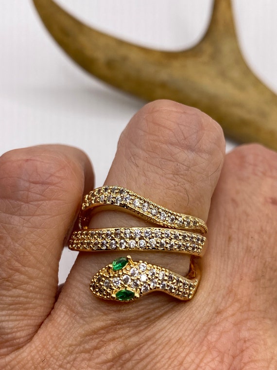 Vintage Gold Snake Ring | Green and Cubic Zirconi… - image 4