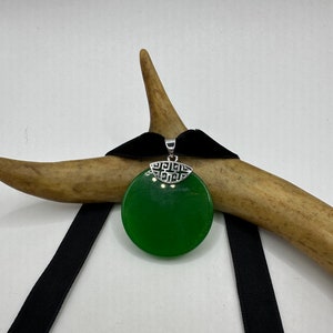 Vintage Green Jade Deco Choker Pendant Necklace - Silver Bronze