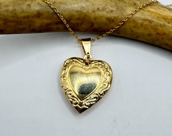 Vintage 9K Gold Filled Heart Locket Necklace - Etched Memory Charm