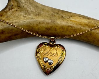 Vintage 9k Gold Filled Heart Locket | Mom Engraved Sterling Silver Necklace